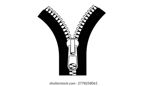 This image showcases a grayscale zipper, partially unzipped, highlighting the metal teeth and slider. The design is clean and isolated on a white background.