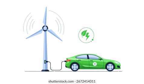 This image showcases a green electric car being charged by a wind turbine, symbolizing the use of renewable energy sources for sustainable transportation. Illustrates a commitment to clean energy