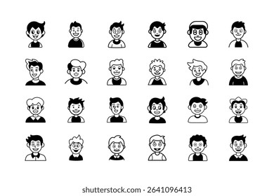 This image showcases a grid of cartoon boy avatars, each with unique hairstyles and expressions, rendered in a simple black and white line art style.