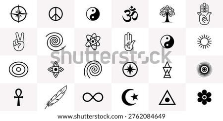 This image showcases a grid of diverse spiritual symbols, including peace signs, yin-yangs, Om, and various cultural icons, all in a minimalist black and white style.