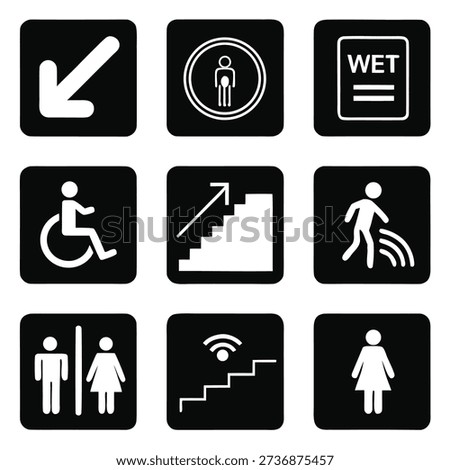 This image showcases a grid of nine black and white icons commonly found in public spaces, conveying essential instructions regarding accessibility, directions, and facility locations. high-quality professional