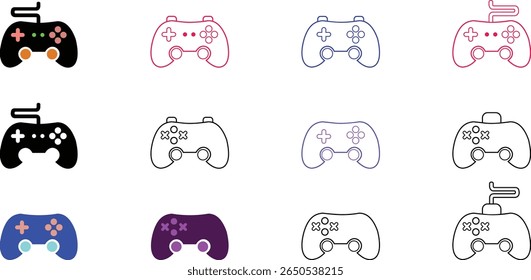 This image showcases a grid of twelve distinct video game controller icons. The controllers are presented in different color schemes and styles, including solid fills and outlines, offering a variety 