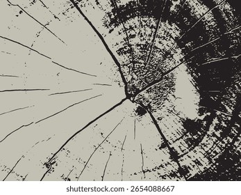 Esta imagem mostra uma representação abstrata de alto contraste da seção transversal de uma árvore. O estilo silhueta enfatiza as linhas orgânicas e texturas do grão de madeira.