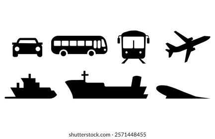 This image showcases icons representing various modes of transportation, including a car, bus, train, ship, airplane, and submarine. These are commonly used symbols for different travel and transport 