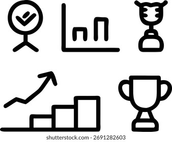 Esta Imagen muestra los íconos que representan el crecimiento, el éxito y los logros del negocio. Incluye gráficos, trofeos y otros símbolos de progreso y logro.