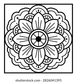 This image showcases an intricate floral mandala design rendered in black and white line art, set against a clean white background. It's a detailed and decorative illustration.