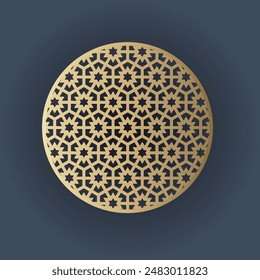 This image showcases an intricate geometric pattern with a gold design and a dark blue background. The pattern presents a circular structure containing multiple combinations of octagons, hexagons and 