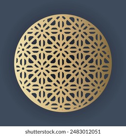 This image showcases an intricate geometric pattern with a gold design and a dark blue background. The pattern presents a circular structure containing multiple combinations of octagons, hexagons and 