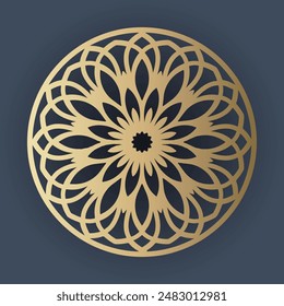 This image showcases an intricate geometric pattern with a gold design and a dark blue background. The pattern presents a circular structure containing multiple combinations of octagons, hexagons and 