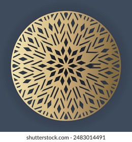 This image showcases an intricate geometric pattern with a gold design and a dark blue background. The pattern presents a circular structure containing multiple combinations of octagons, hexagons and 