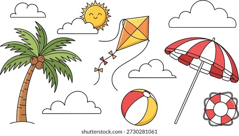 This image showcases a lively beach scene featuring a palm tree, a kite flying high, a beach ball, a striped umbrella, and a life preserver, all set against a backdrop of fluffy clouds and a smiling sun.