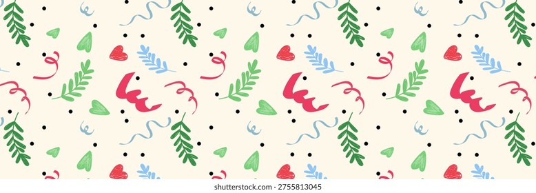 This image showcases a lively and colorful holiday-themed pattern featuring a mix of decorative elements such as ribbons, hearts, and swirls in red, green, and blue tones. The design also incorporates botanical motifs like pine branches, leaves, and berries, creating a cheerful and festive atmosphere reminiscent of winter celebrations and holiday traditions.