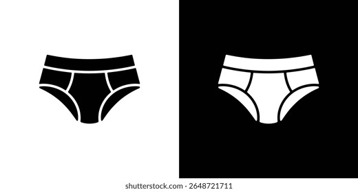 Esta imagem mostra os resumos masculinos em preto sobre um fundo branco e branco sobre um fundo preto. É uma representação gráfica simples e plana de roupas íntimas.