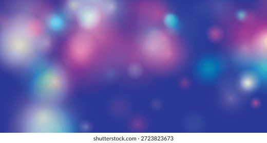 Esta imagem mostra uma cena cósmica hipnotizante com uma vibrante mistura de cores e luz. O fundo está inundado com um gradiente de blues profundos em transição para roxo, criando uma sensação de profundidade e infinito. Espalhados pela imagem estão numerosos borrados, orbes brilhantes em vários tons de azul, rosa e branco, dando a impressão de estrelas e galáxias distantes. O efeito geral é etéreo e sobrenatural, evocando uma sensação de admiração e tranquilidade.