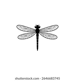 This image showcases a minimalist, black and white illustration of a dragonfly, highlighting the intricate veining of its four wings against a stark white backdrop.