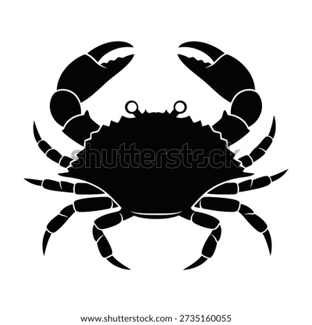 This image showcases a minimalist black silhouette of a crab, facing directly forward. The crab’s ten legs, including its prominent front claws, are clearly defined against a plain white background. The design emphasizes the crab’s symmetrical structure and segmented body, creating a striking visual contrast.