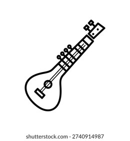 This image showcases a minimalist line drawing of a sitar, a popular stringed musical instrument originating from India. The sitar features a long neck with multiple strings, a resonating body, and a bridge. The drawing emphasizes the instrument's distinct shape and structural details, capturing its unique design with clean, bold lines.