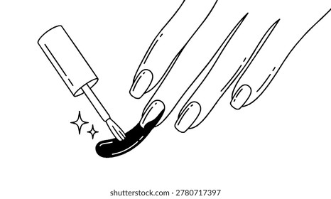 This image showcases a minimalist line drawing of a hand painting nails with dark polish, highlighting elegance, beauty, and simplicity in a sleek, modern illustration style