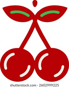 This image showcases a minimalist and modern illustration of two cherries. The cherries are depicted in solid red with soft, white highlights to suggest their glossy texture