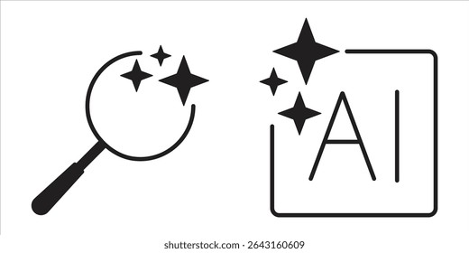This image showcases a minimalist silhouette design featuring a magnifying glass, both adorned with sparkling stars, creating a visually appealing and modern aesthetic.