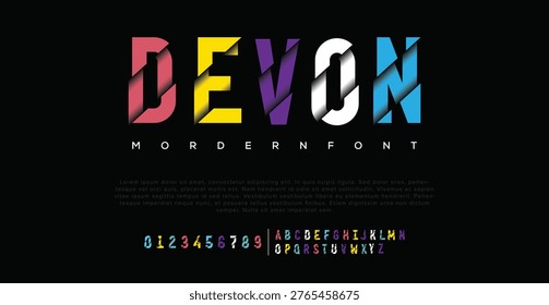 This image showcases a modern font design with colorful letters and numbers on a dark background. The font, called Devon Mordernfont, features vibrant colors and a unique style, making it perfect for graphic design, branding, and advertising. The image highlights the creativity and artistic expression of the font designer, making it a great example of modern typography and digital art.