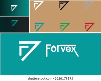 This image showcases a modern, minimalistic lettermark logo design for a brand called Forvex, featuring a stylized "F7" emblem. The design explores multiple color variations and background combination