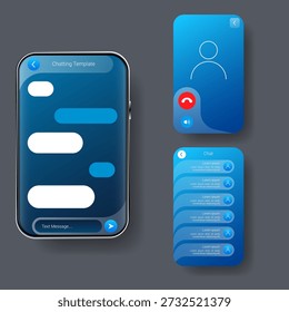 Esta Imagen muestra un moderno diseño de interfaz de usuario de aplicaciones móviles con pantallas de mensajería de chat, lista de contactos e interfaz de llamadas