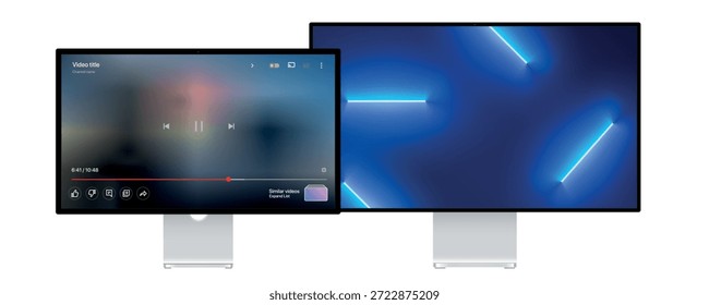 Esta Imagen Video muestra una maqueta moderna de TV y monitor con una interfaz de reproducción. Video La pantalla del televisor muestra una barra de progreso roja y opciones para dar me gusta, comentar y compartir.