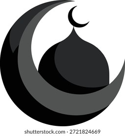 esta imagem mostra uma representação monocromática de uma lua crescente e mesquita, representando temas de fé, espiritualidade e arquitetura islâmica.
