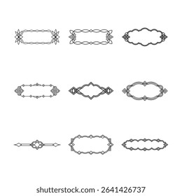 This image showcases nine different decorative frames and dividers, all rendered in a clean black and white color scheme. They have ornate designs.
