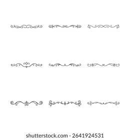 This image showcases nine different black and white decorative flourish dividers, each with a unique design and elegant curves.
