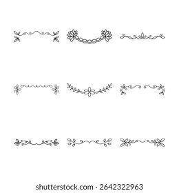 This image showcases nine different black and white floral and botanical dividers, perfect for adding a delicate touch to designs.