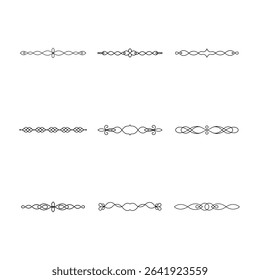 This image showcases nine distinct, black and white, horizontally oriented decorative page dividers with elegant, symmetrical, and floral-inspired designs.