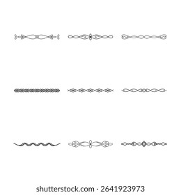 This image showcases nine distinct black and white decorative dividers, each with unique patterns and elegant designs on a white background.