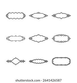 This image showcases nine unique ornamental frames, each with a distinct geometric and decorative design, rendered in a clean black and white color palette.