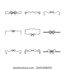 This image showcases nine unique, decorative dividers featuring bows, swirls, and intricate patterns, all rendered in a clean, minimalist black and white style.