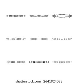 This image showcases nine unique, symmetrical, black line art dividers and borders on a clean, white background, perfect for graphic design.