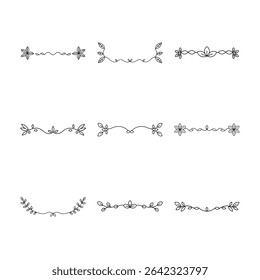 Esta imagem mostra nove divisores florais exclusivos, desenhados à mão ou bordas, perfeito para adicionar um toque de elegância a qualquer design.