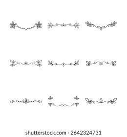 This image showcases nine unique hand-drawn dividers and borders, each featuring delicate floral and botanical elements in a simple, elegant style.