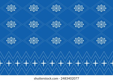 This image showcases an ornamental geometric pattern with detailed diamond shapes and stars set against a vibrant blue backdrop. The repetitive arrangement of the diamonds