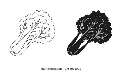 This image showcases a pair of bok choy vegetables in a black-and-white outline style, exhibiting a clear visual contrast.