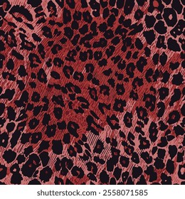 This image showcases a pattern that resembles a classic leopard print. It features irregularly shaped black spots scattered across a reddish-brown background