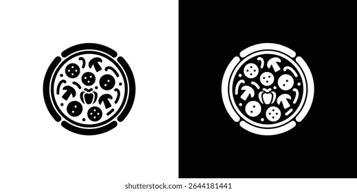 Esta imagem mostra um ícone de pizza com alto contraste, dividido entre preto e branco. Possui coberturas como cogumelos, pimenta e pepperoni, criando um design visualmente impressionante.