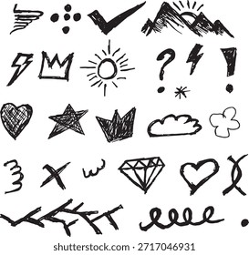 This image showcases a playful assortment of hand-drawn doodles featuring various symbols and natural motifs in black ink.