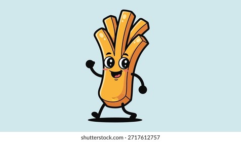 Dieses Bild zeigt eine verspielte und niedliche Cartoon-Figur einer Pommes frites. Der Charakter wird mit einem fröhlichen Lächeln dargestellt, das ein Gefühl von Glück und Spaß schafft. Der Cartoon-Stil fügt dem