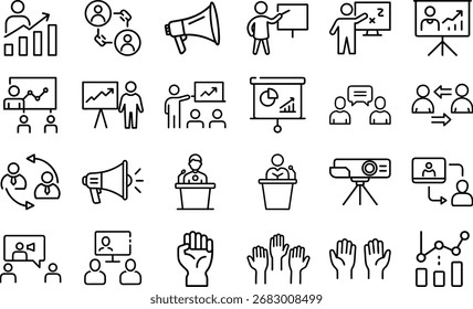 This image showcases presentation icons on a white background, ideal for illustrating business topics. It includes graphs, charts, speakers, and communication symbols.