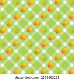 
This image showcases a repeating pattern with a vibrant and playful design. It features gradient hearts blending orange, yellow, and red hues, arranged diagonally on a green background. The green bac