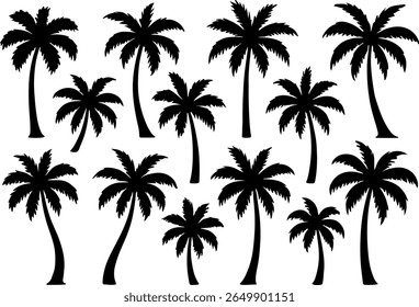This image showcases a repeating pattern of dark palm tree silhouettes against a muted, gradient background. The silhouette style creates a graphic and minimalist tropical aesthetic.