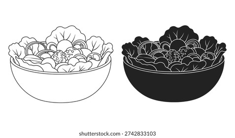 This image showcases a salad bowl in both line art and a bold, distinctive black silhouette style, emphasizing form.