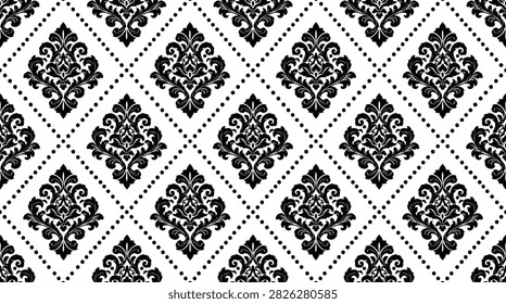 This image showcases a seamless damask pattern featuring floral silhouettes against a clean white background, ideal for textile or wallpaper designs.